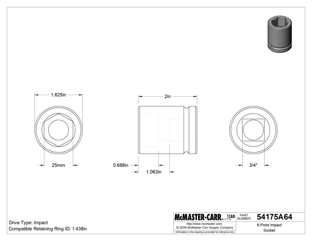 Technical Drawing of 6-Point Impact Socket, 3/4" Square Drive, Standard, 25 mm Size, 2" Overall Length.